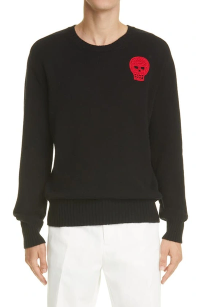 Shop Alexander Mcqueen Crochet Skull Appliqué Sweater In Black/ Welsh Red