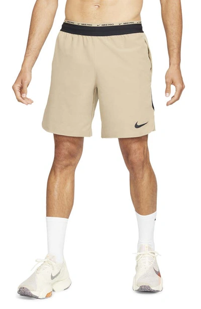 Shop Nike Pro Dri-fit Flex Rep Athletic Shorts In Khaki/ Black