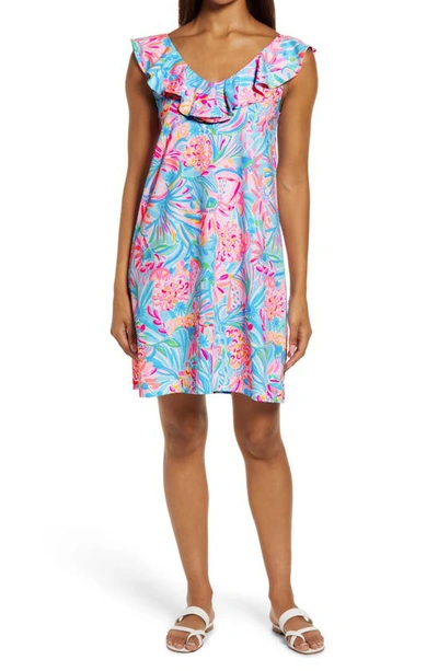 Shop Lilly Pulitzerr Lilly Pulitzer Alessa Floral Ruffle Neck Pima Cotton Shift Dress In Multi Tropical Punch