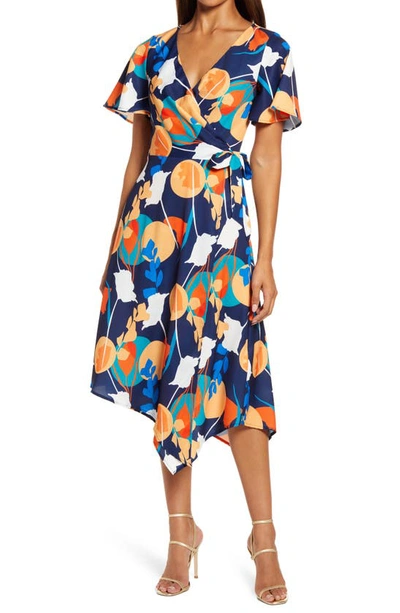 Chi Chi London Abstract Print Wrap Dress In Navy