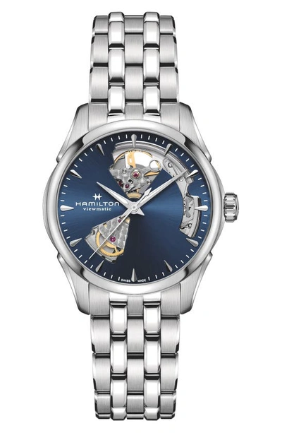 Shop Hamilton Jazzmaster Open Heart Bracelet Watch, 36mm In Blue/silver