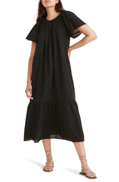 Shop Madewell Embroidered Smocked Midi Dress In True Black