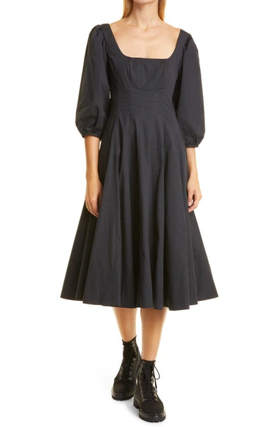 Shop Staud Swells Stretch Cotton Fit & Flare Midi Dress In Black