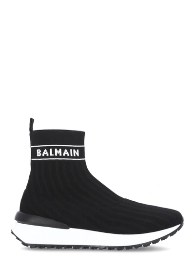 Shop Balmain Logo Knitted Sneaker In Nero/bianco