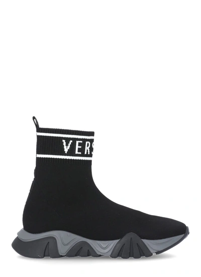 Shop Versace Logo Knitted Sneaker In Nero+bianco