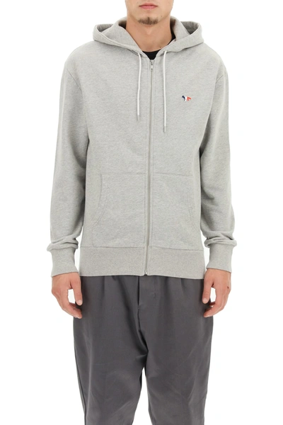Shop Maison Kitsuné Full Zip Hoodie With Tricolor Fox Patch In Grey Melange (grey)
