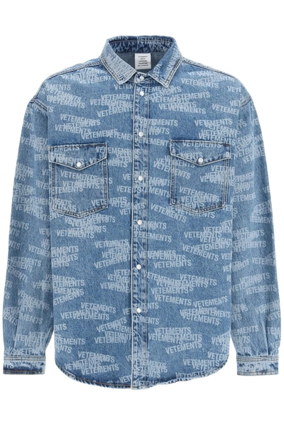 Shop Vetements Oversized Denim Shirt With Logo In Mixed Colours