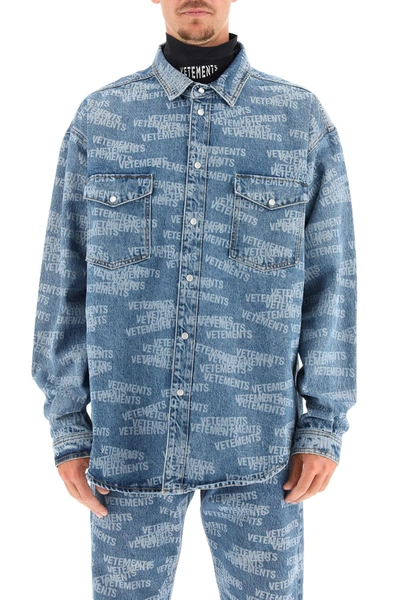 Shop Vetements Oversized Denim Shirt With Logo In Mixed Colours