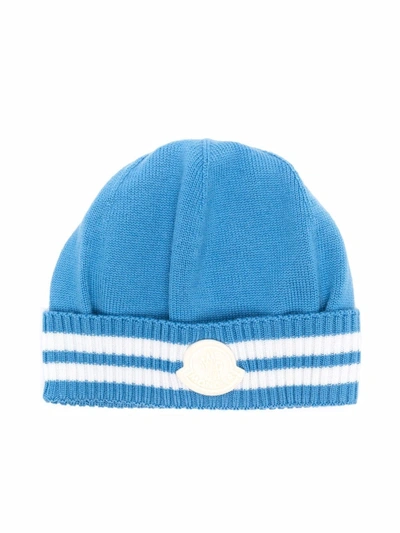 Shop Moncler Logo-patch Ribbed Beanie In Blue