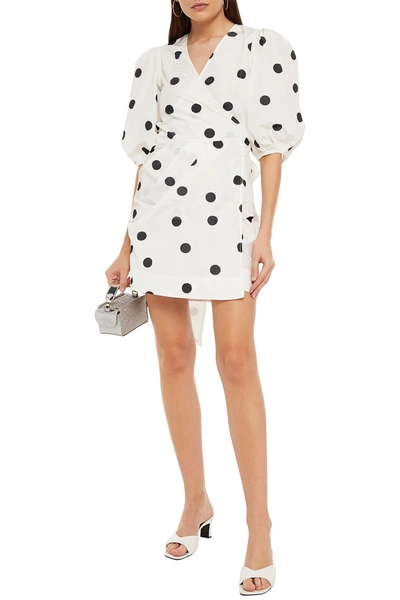 Shop Ganni Pleated Polka-dot Shell Mini Wrap Dress In White