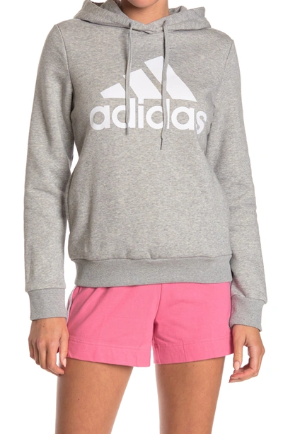 Shop Adidas Originals Logo Print Pullover Hoodie In Medium Grey Heather/white