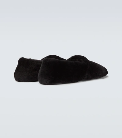 Prada Logo Shearling Slippers In Black