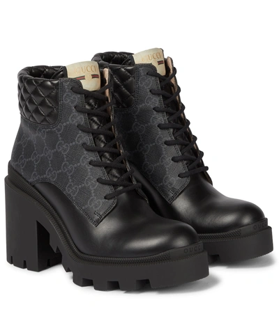 Shop Gucci Gg Canvas And Leather Lace-up Boots In Black
