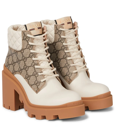 Shop Gucci Gg Canvas And Leather Lace-up Boots In Beige