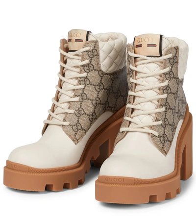 Shop Gucci Gg Canvas And Leather Lace-up Boots In Beige