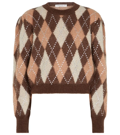 Shop Alessandra Rich Argyle Mohair And Wool-blend Sweater In Brown