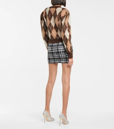 Shop Alessandra Rich Argyle Mohair And Wool-blend Sweater In Brown