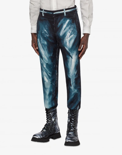 Shop Moschino Painting Wool Satin Trousers In Sky Blue
