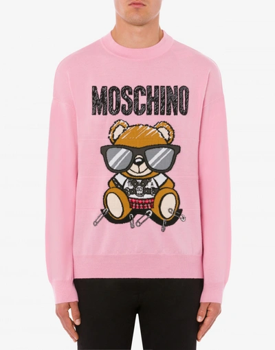 Shop Moschino Mixed Teddy Bear Wool Sweater In Pink