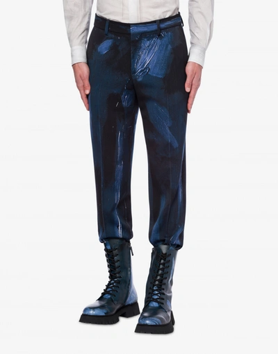 Shop Moschino Painting Wool Satin Trousers In Dark Blue