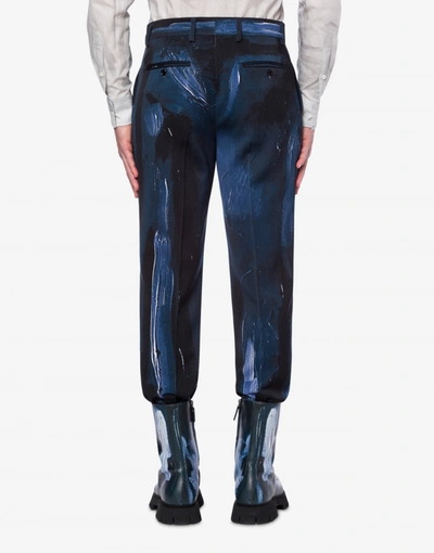 Shop Moschino Painting Wool Satin Trousers In Dark Blue