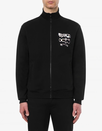 Shop Moschino Warped Glitch Logo Zipped Sweatshirt In Black