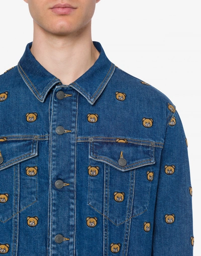 Shop Moschino Allover Teddy Embroidery Denim Jacket In Blue