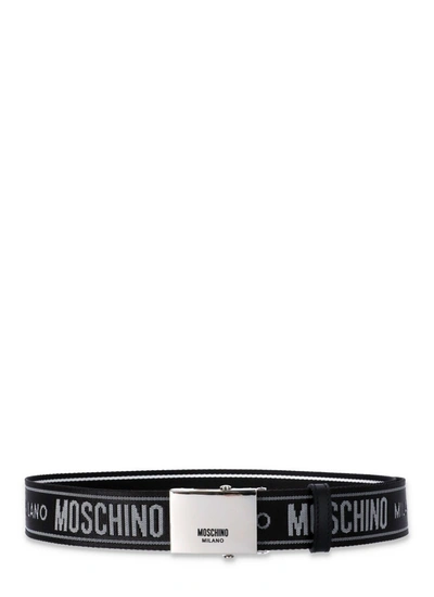 Shop Moschino Logo Engraved Buckle Belt In Black