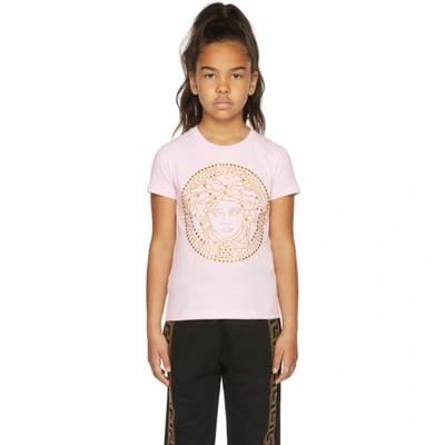 Shop Versace Kids Pink Rhinestone Medusa T-shirt In Pearl/gold