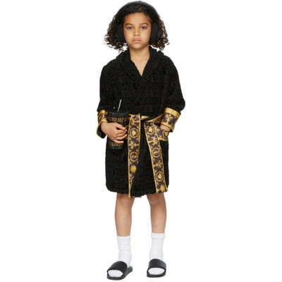Shop Versace Kids Black I Heart Baroque Hooded Bath Robe