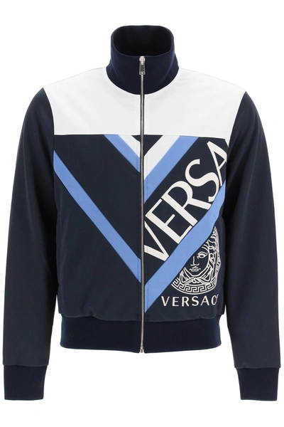 Shop Versace Sweatshirt With Logo Embroidery In Blue Light Blue White (blue)