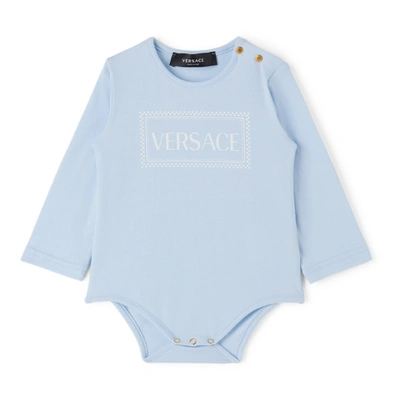 Shop Versace Baby Three-pack Blue Logo Bodysuits In Light Blue
