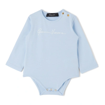 Shop Versace Baby Three-pack Blue Logo Bodysuits In Light Blue
