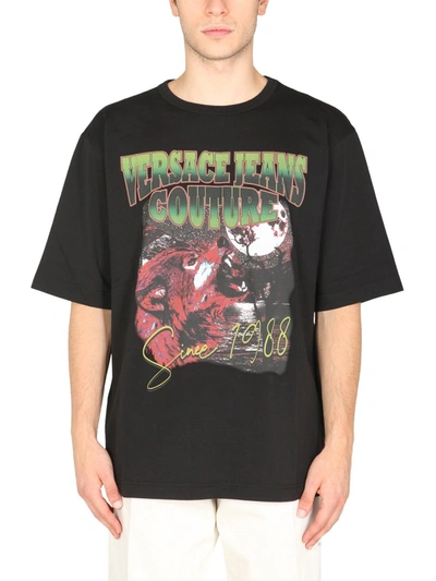Shop Versace Jeans Couture T-shirt With Wolf Print In Black