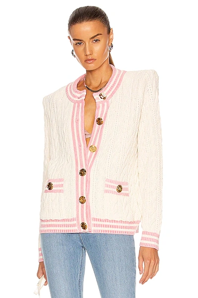 Shop Balmain Cable Knit Shoulder Pad Cardigan In Ecru & Rose