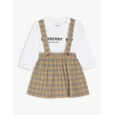 Shop Burberry Archive Beige Check-print T-shirt, Dungaree Skirt And Soft Toy Set 1-9 Months 9 Months