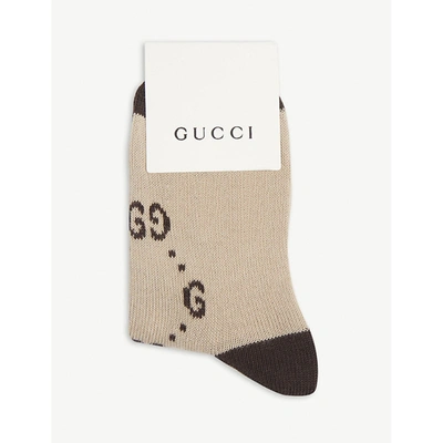 Shop Gucci Logo-intarsia Cotton-blend Socks 0-36 Months In Beige/brown