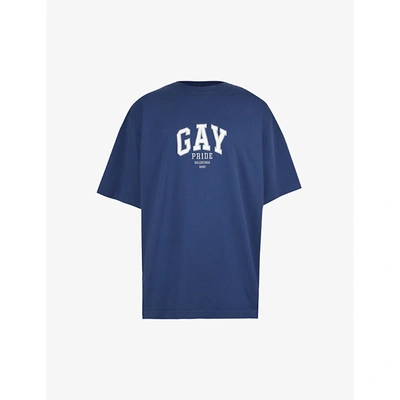 Shop Balenciaga Mens Navy White Grey Pride Text-print Cotton-jersey T-shirt L