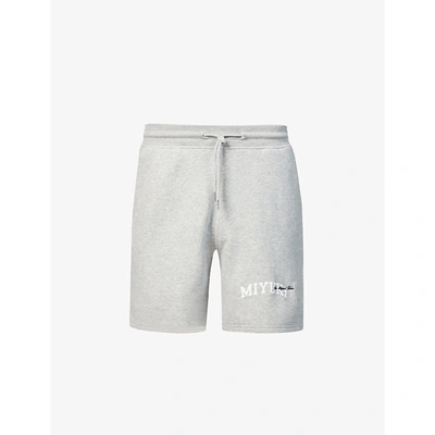 Shop Mki Miyuki Zoku Mki Miyuki-zoku Men's Grey Varsity Brand-print Organic Cotton-blend Shorts