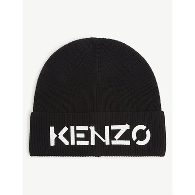 Shop Kenzo Mens Black Logo-embroidered Wool Beanie