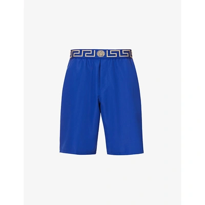 Shop Versace Iconic Slim-fit Baroque-pattern Swim Shorts In Bluette-gold