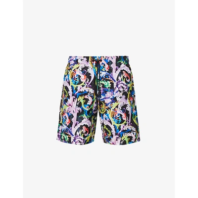 Shop Versace Mens Black+multicolor Baroque-pattern Slim-fit Swim Shorts M