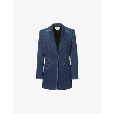 Shop Alexander Mcqueen Womens Dark Blue Wash Single-breasted Denim Jacket 10