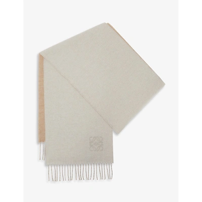 Loewe Contrast Side Logo Embroidered Wool Cashmere Blend Scarf In Ivory/sand