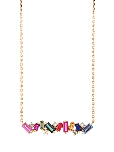 Shop Suzanne Kalan 18kt Rose Gold, Rainbow Sapphire And Diamond Bar Necklace In 粉色