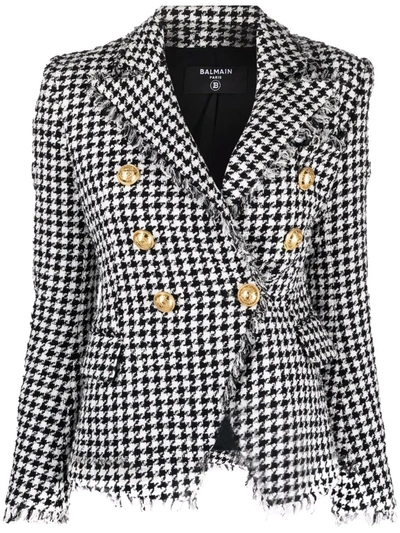 Shop Balmain Double-breasted Houndstooth Tweed Jacket In 黑色