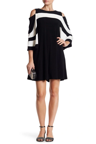 Shop Nina Leonard Ity Stripe Cold Shoulder Dress In Black-ivory
