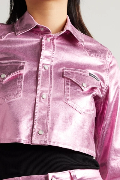Shop Dolce & Gabbana Pop Cropped Metallic Coated-denim Jacket In Pink
