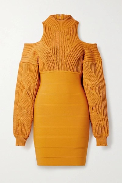 Shop Herve Leger Cold-shoulder Cable-knit And Bandage Mini Dress In Orange