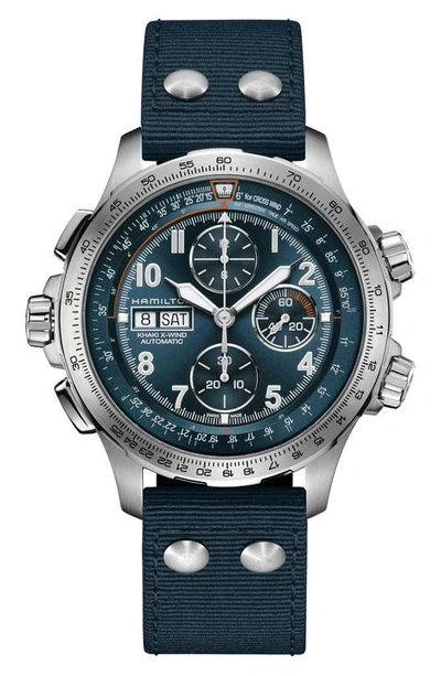 Shop Hamilton Khaki Aviation X-wind Auto Chronograph Textile Strap Watch, 45mm In Blue
